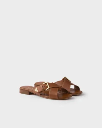 Leather Crisscross Slides with Buckle