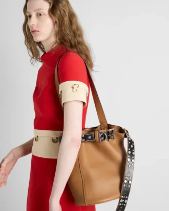 Prada Buckle Leather Bucket Bag with Studded Belt