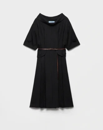 Short-Sleeve Chevron Wool Dress with Belt